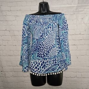 Lilly Pulitzer Blue Patter Off Shoulder Flare Sleeve Pompom Hem Blouse Sz M